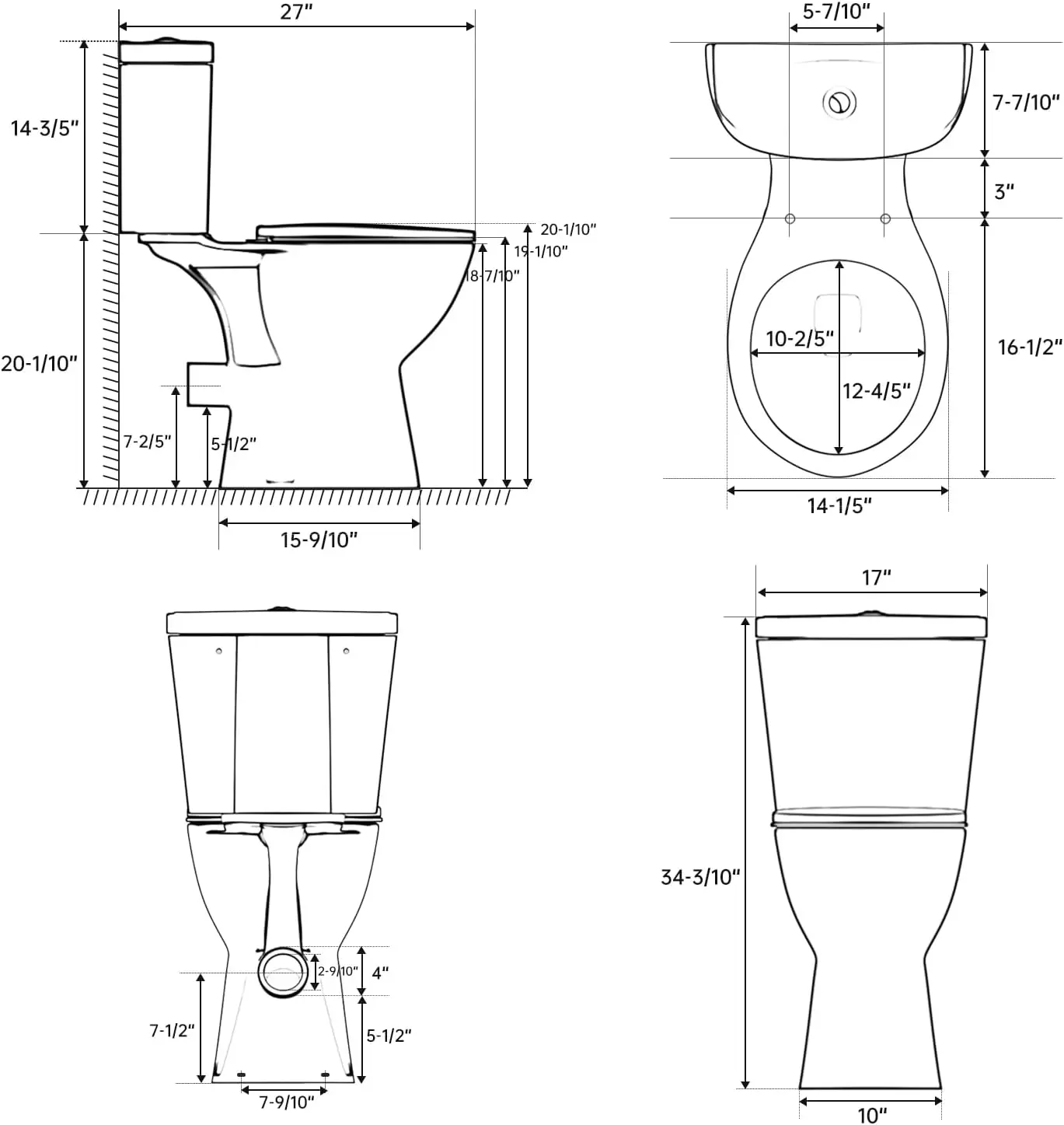 Rear Outlet Toilet With 19 Inch Tall Toilet Bowl & Tank, High Toilets For Seniors With Rear Discharge-Includes Extension Pipe