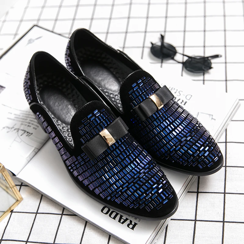 

HKDQ Luxury Rhinestone Wedding Shoes Man Fashion Bow Blue Men's Party Shoes Shiny Social Shoes Male Evening Shoes Large Size 48