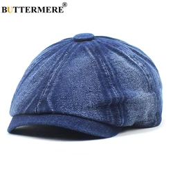 BUTTERMERE Denim Newsboy Cap Men Women Cotton Eight Panel Hat Women's Baker Boy Caps Blue Retro Hats Male Boina Beret