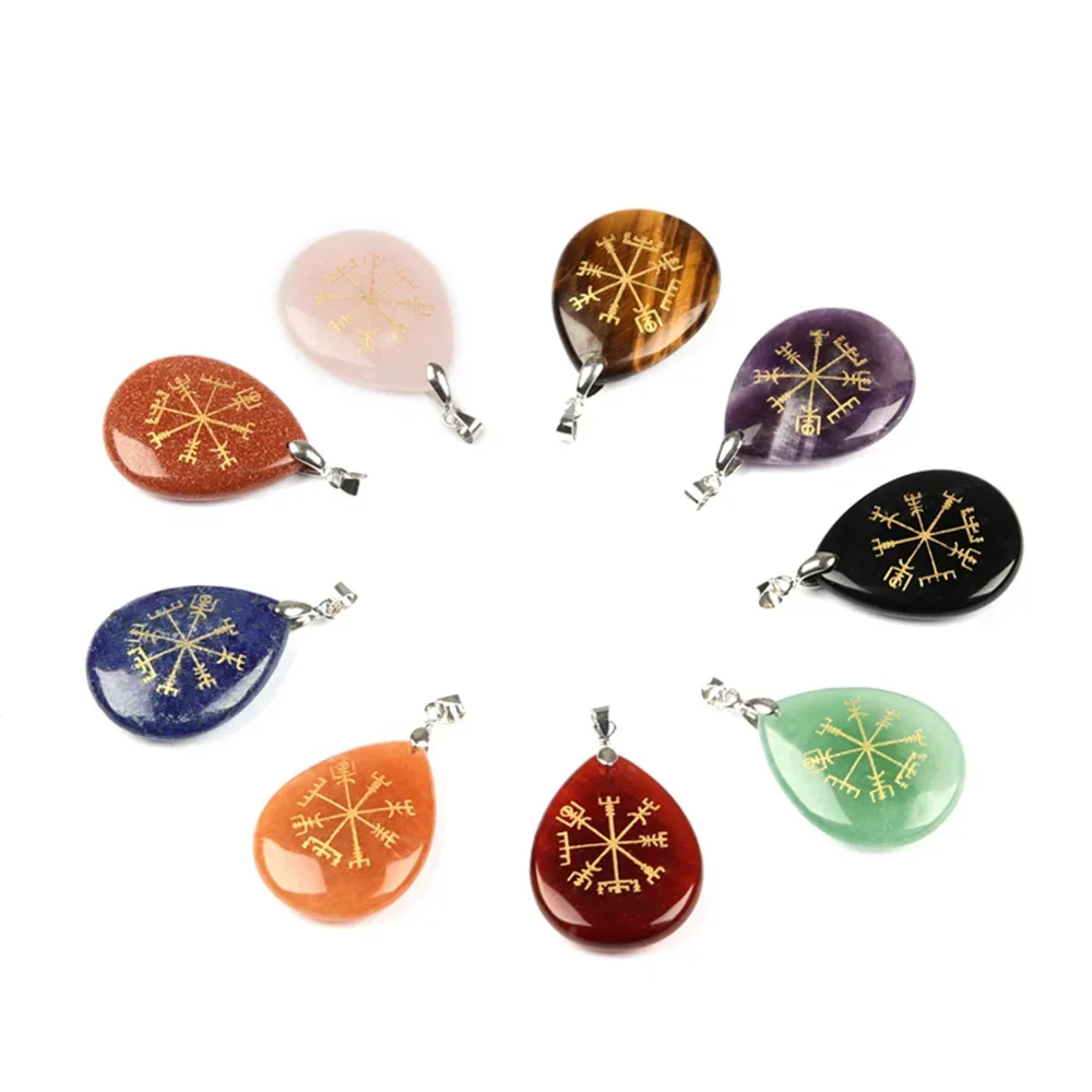 Natural Chakra Semi-precious Stone Amethyst Quartz Lapis Crystal Reiki Healing Viking Rune Vegvisir Talsman Pendant Necklace