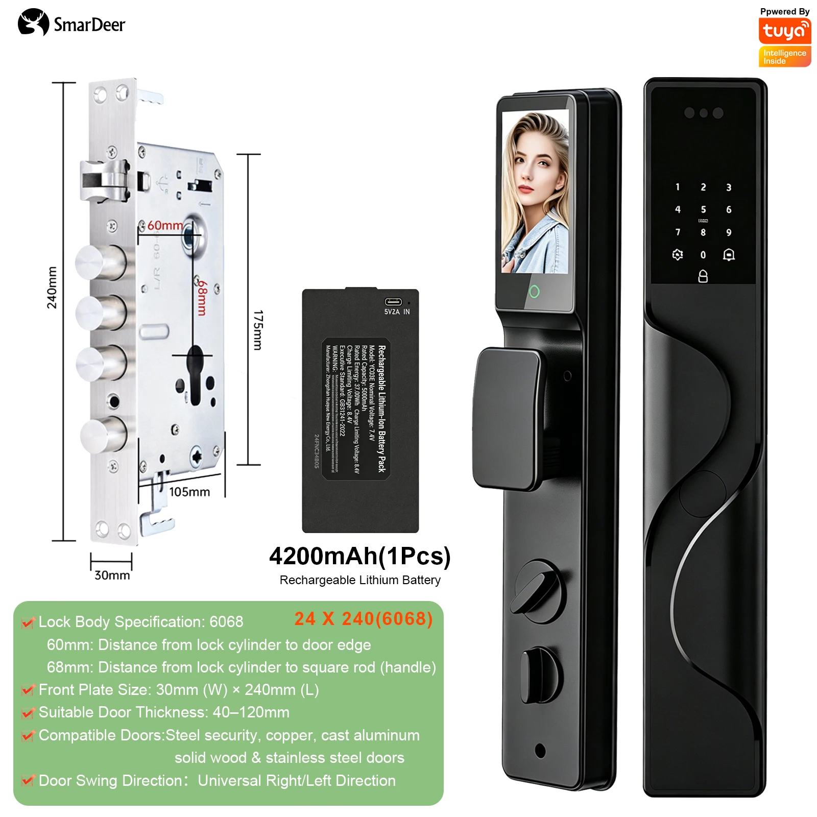 SmarDeer IP66 waterdicht slim slot, 3D gezichts- en handpalmherkenning vingerafdrukdeurslot, video-alarm deurslot Israël standaard