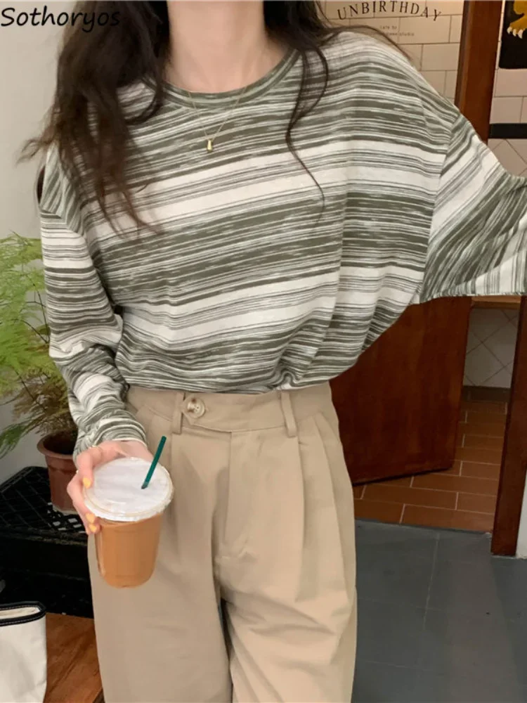 

Полосатые футболки женские мягкие Harajuku внутри ретро корейский стиль Новое поступление модные студенческие эстетические нежные с длинным рукавом