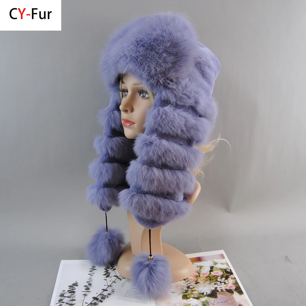 2024 Fashion Real Fur Hats Luxury Natural Fox Fur Russian Hat Ushanka Women Winter Warm Fluffy Popular Style Female Tail Cap