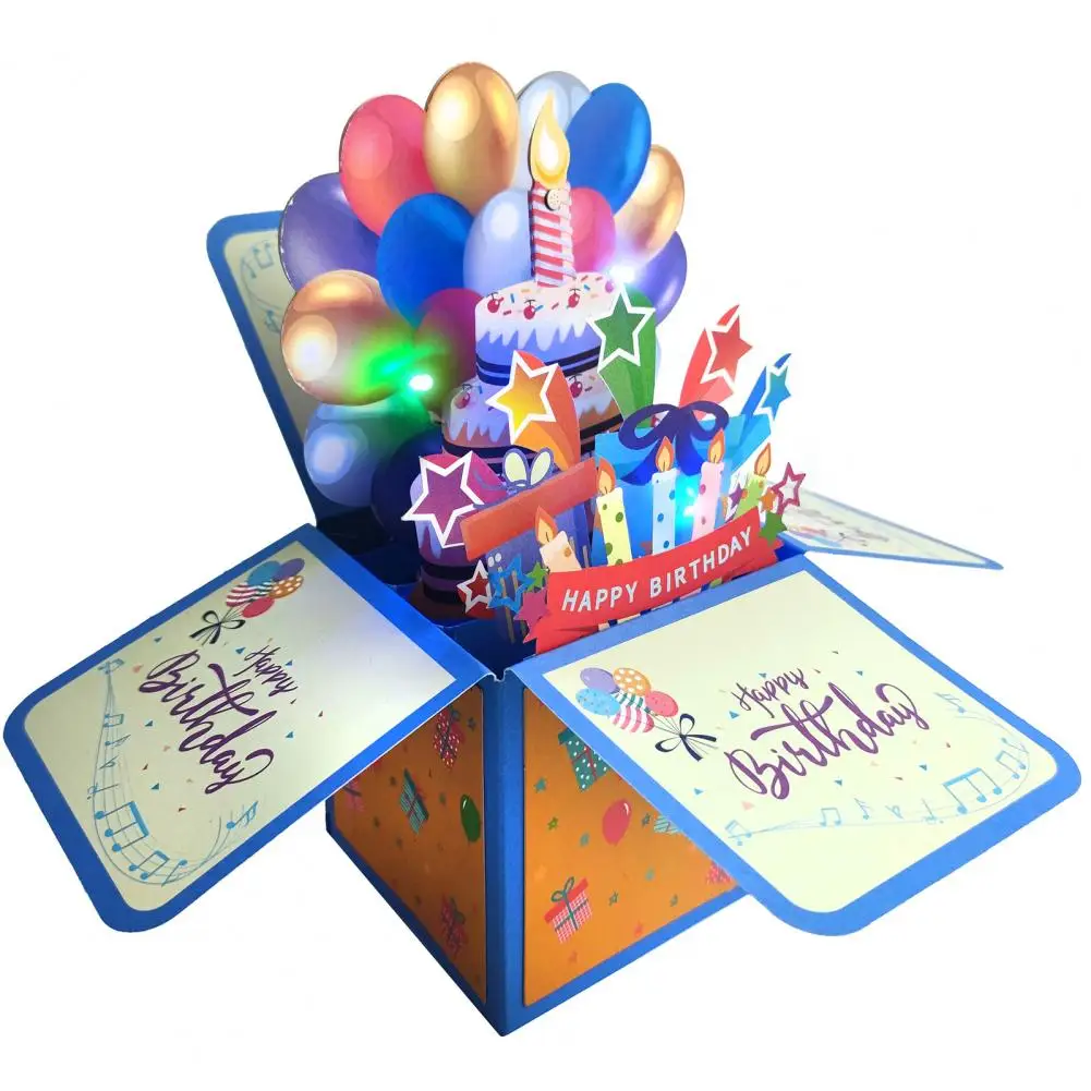 Cartão do feliz aniversário com vela luz e música, a pilhas, surpresa 3D, cartão pop-up, presentes originais para ele e ela