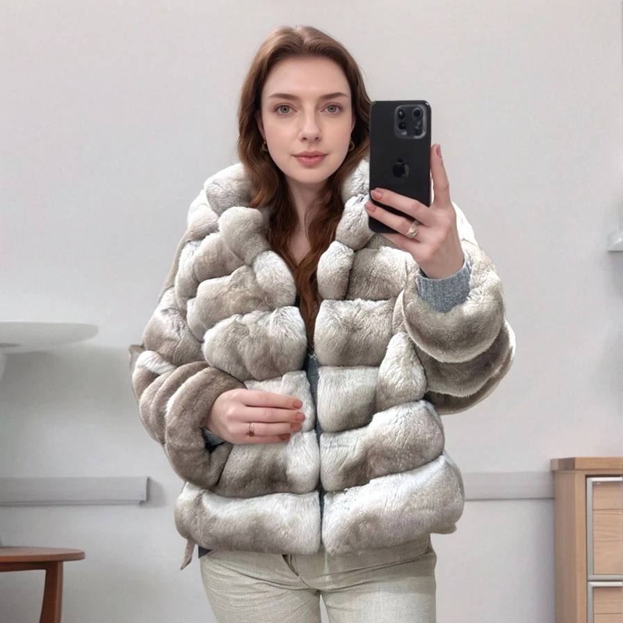 Khaki Womens Luxury Real Rex Rabbit Fur Coat Winter Natural Fur Warm Outwear Fashion Elegant Chinchilla Thick Overcoat