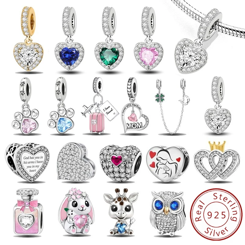 925 Sterling Silver Pendants Zircon Paw Red Love Heart Charms Beads Fit Original  Bracelet Bangles DIY Fine Jewelry For Women