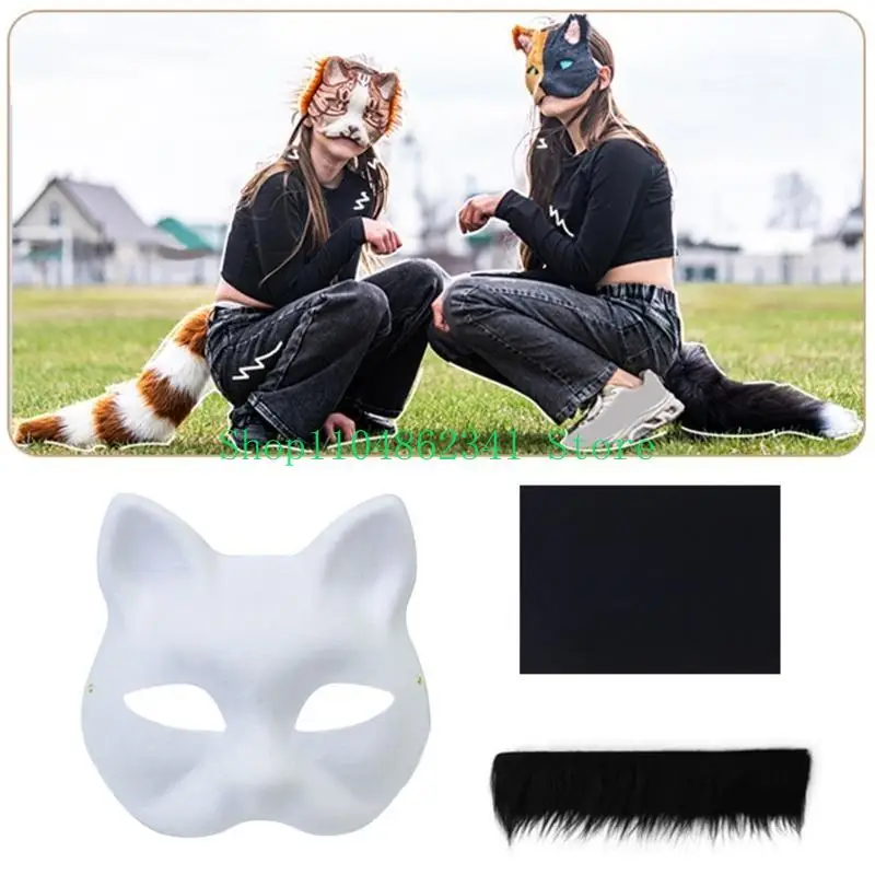 5asd Hand-Painted Cats Mask with Furs Halloween Mask Animal Mask Set Foxes Mask