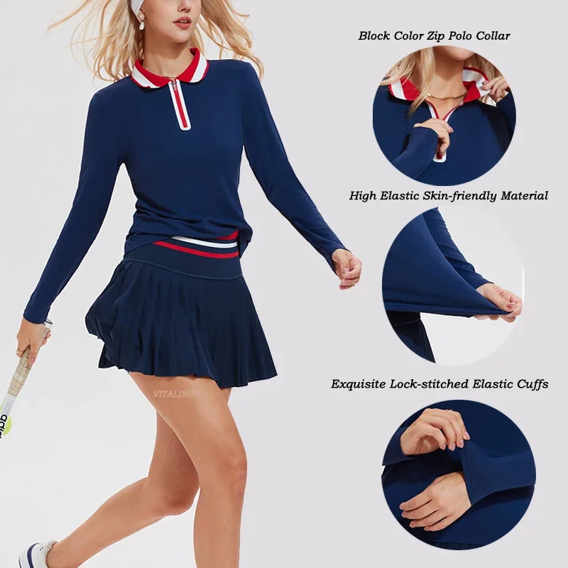 VITALINOVO تنورة التنس مجموعات للنساء سستة اللون كتلة قمصان عالية الخصر جولف بولو قطعتين تنورة مجموعة النساء 2 قطعة الزي #4