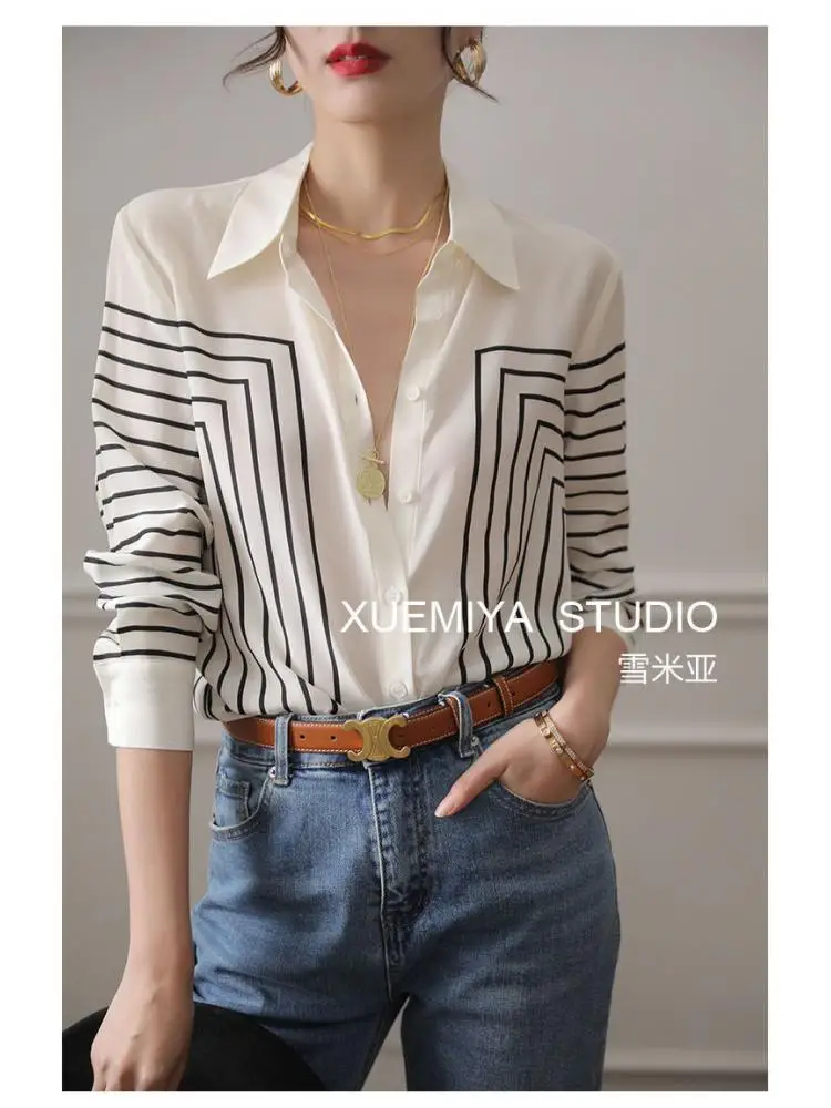 

Striped Shirt Women's Top 2025 Spring And Autumn New Korean Edition Long Sleeve Printed Collar Shirt