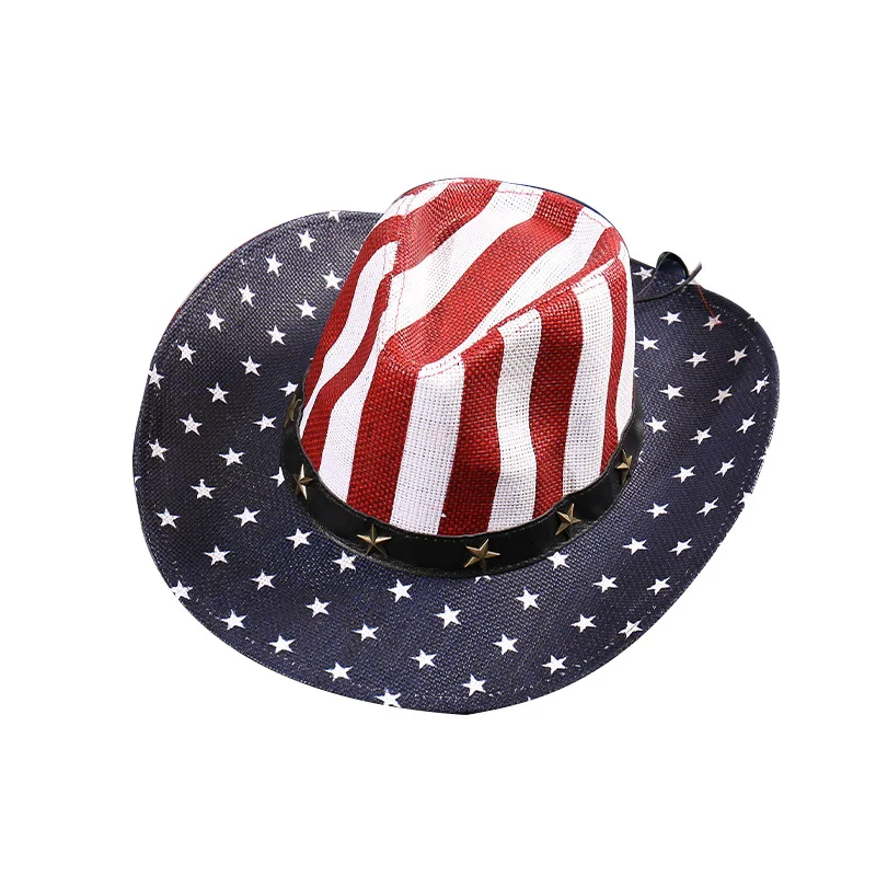 USA Flag Retro Fashion Western Cowboy Hat for Women Men Paper Straw Wide Brim Sun Protection Hat Cowgirl Cap Sombreros De Mujer