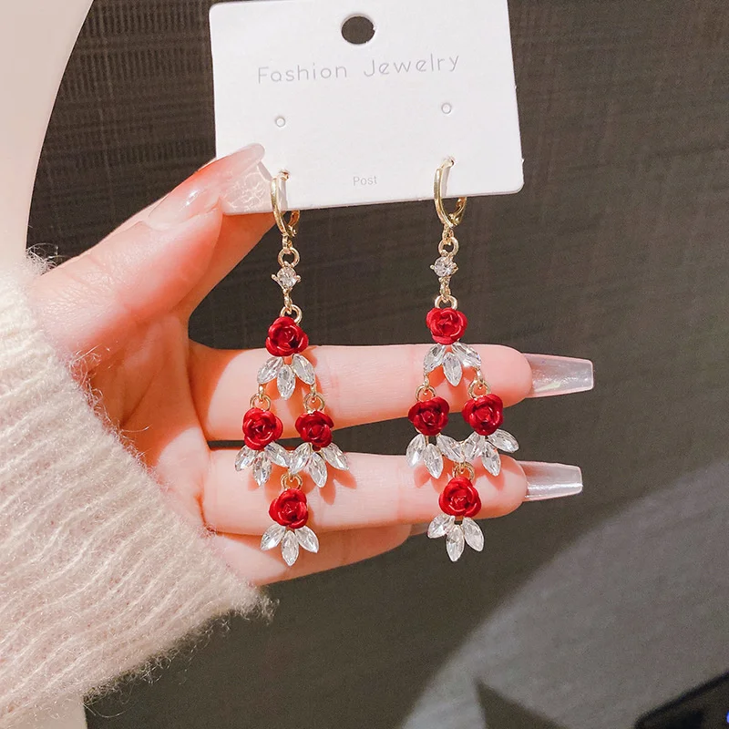 Modische Rote Zirkon-Ohrringe mit Langen Quasten für Damen, Elegante Rosenkristall-Anhänger-Ohrringe, Charms für Party und Hochzeit, Statement-Schmuck – Detail 14