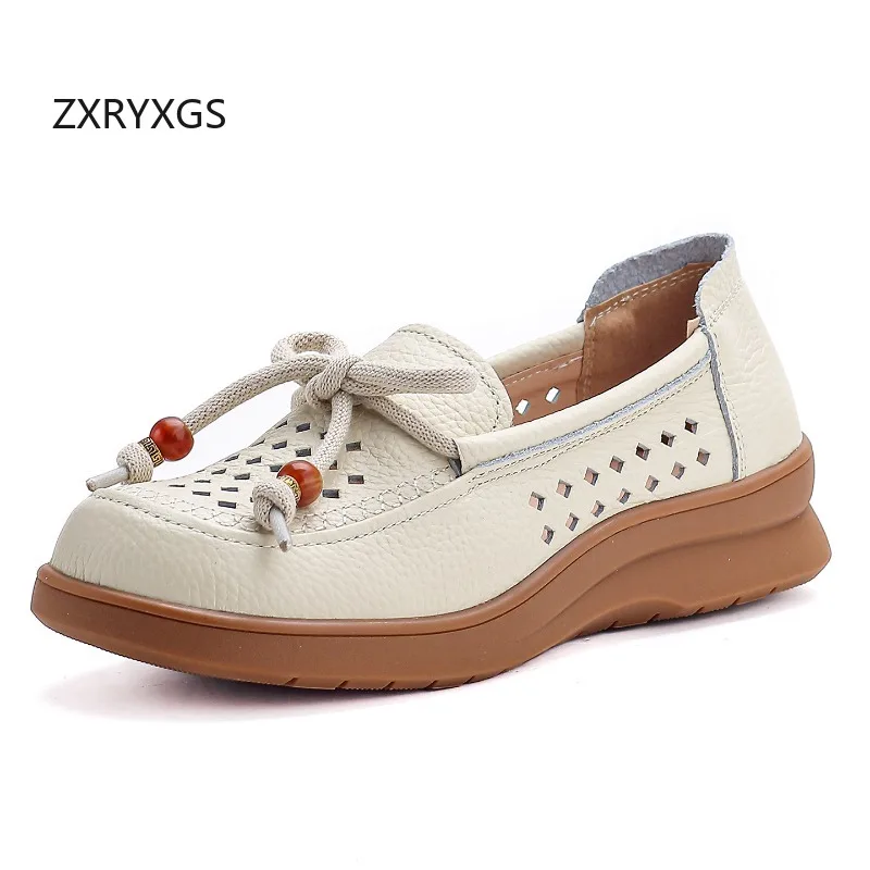ZXRYXGS Promotion Soft Cowhide Bow Hole Hole Shoes Flat Sandals 2026 New Spring Summer Flats Breathable Shoes Women Trendy Shoes
