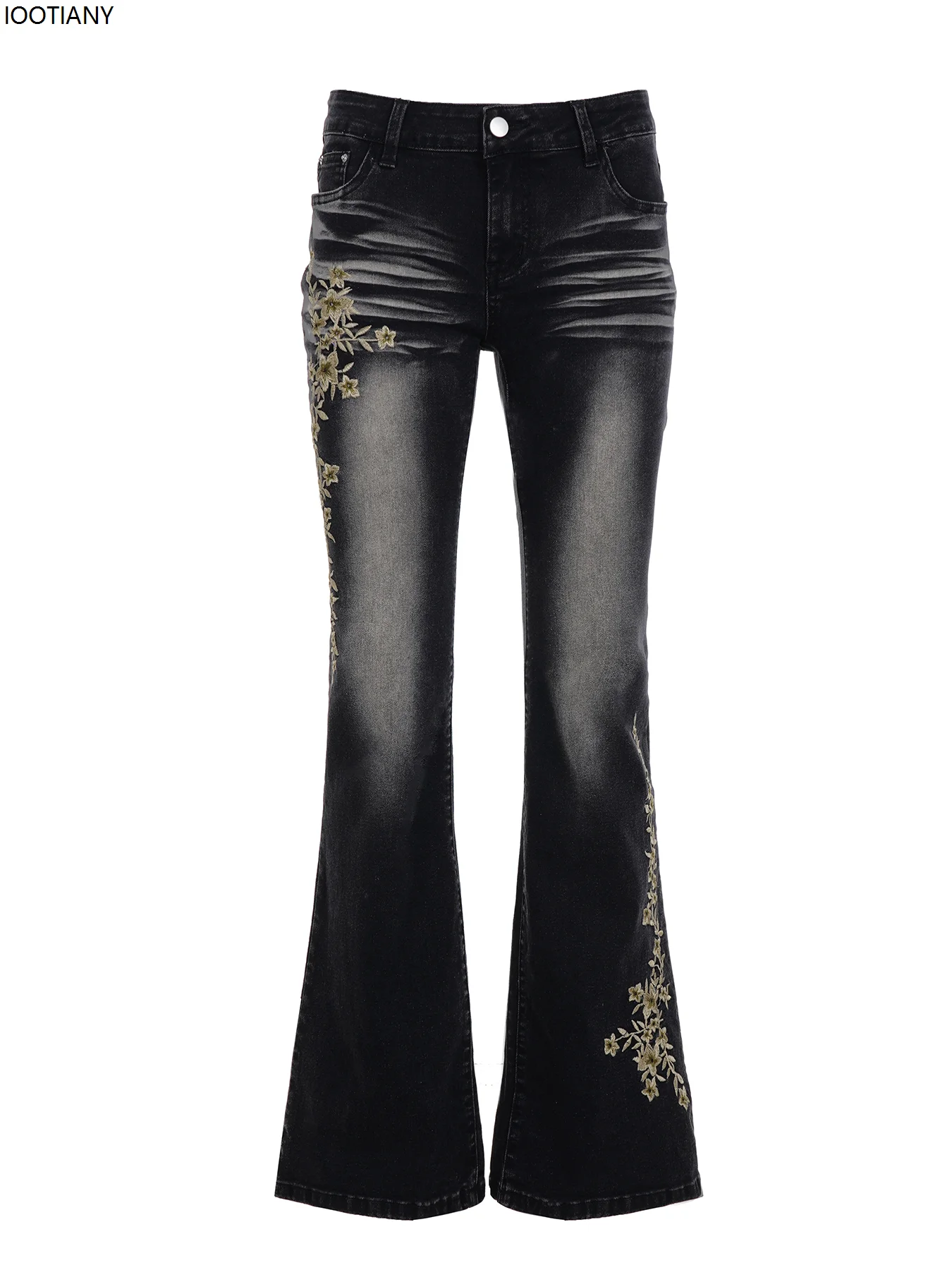 American Retro High Street Floral Embroidery Ruffle Jeans For Women Low Waist High Elastic Wide Leg Floor-length Flared Trousers