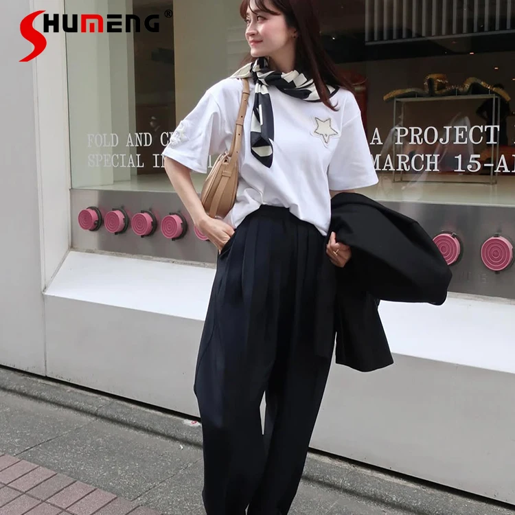 

Japanese Style Basic Casual Pants Summer New 2025 Women's Elegant Fashion Suit Pants Straight Pants White Star Patch T-Shirt Top