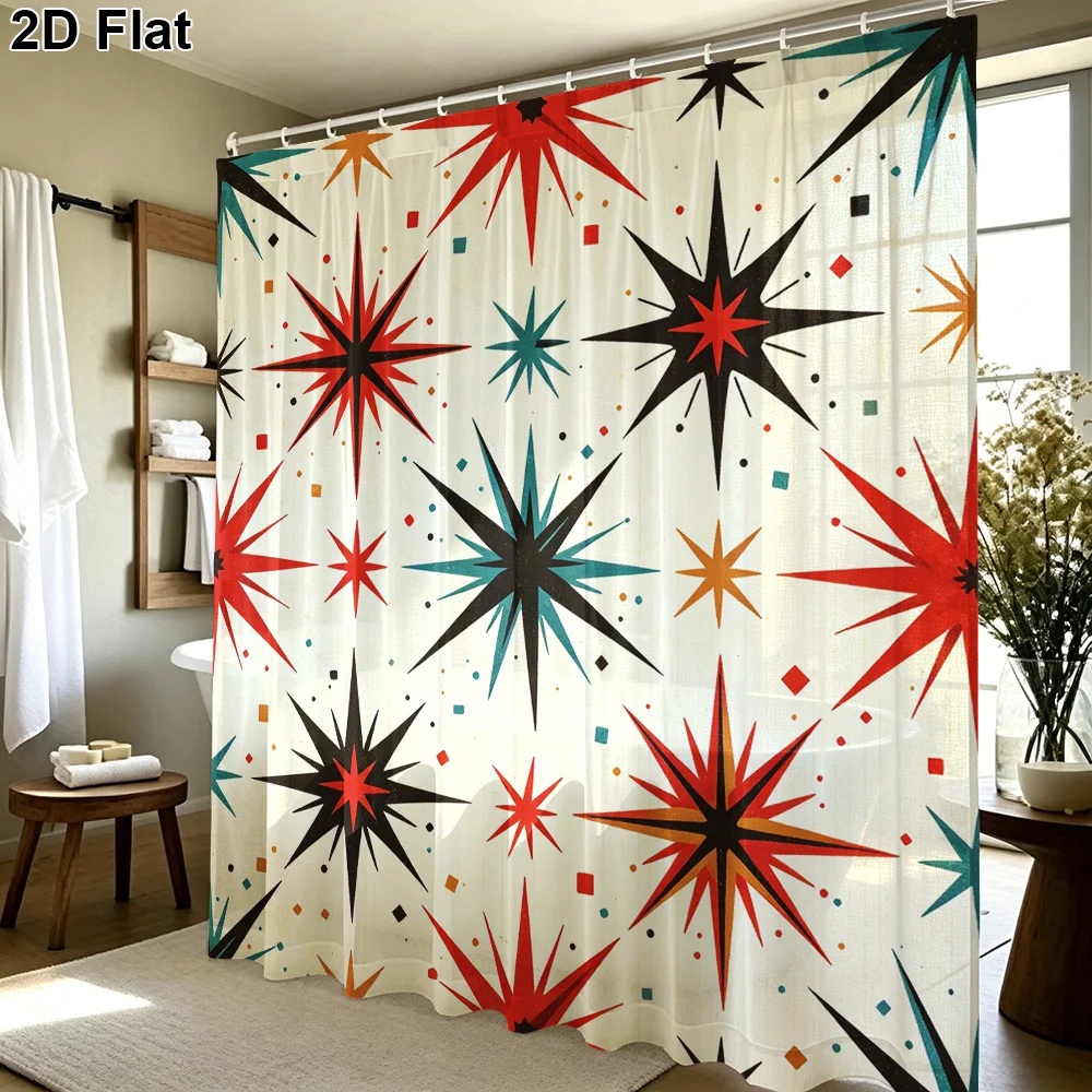 Retro Atomic Starburst Shower Curtain, Vibrant MCM Geometric Star Art Print, Machine Washable Bathroom Shower Decor Curtain
