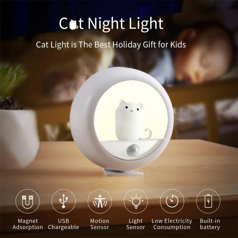 Children\'s Inductive Night Light Cute Cat Baby Nightlight Cute For Home Bedroom Kid USB Cartoon Cat Led Lamp Christmas Gift