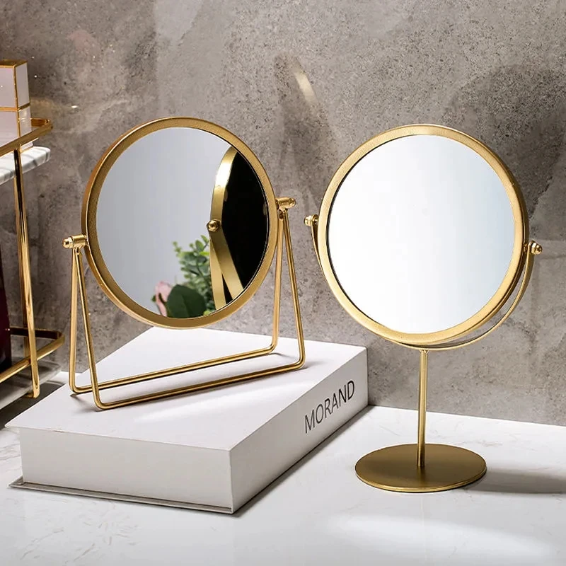 Makeup Mirror Light luxury retro European metal gold home desktop desktop square round mirror mirror dormitory makeup mirror