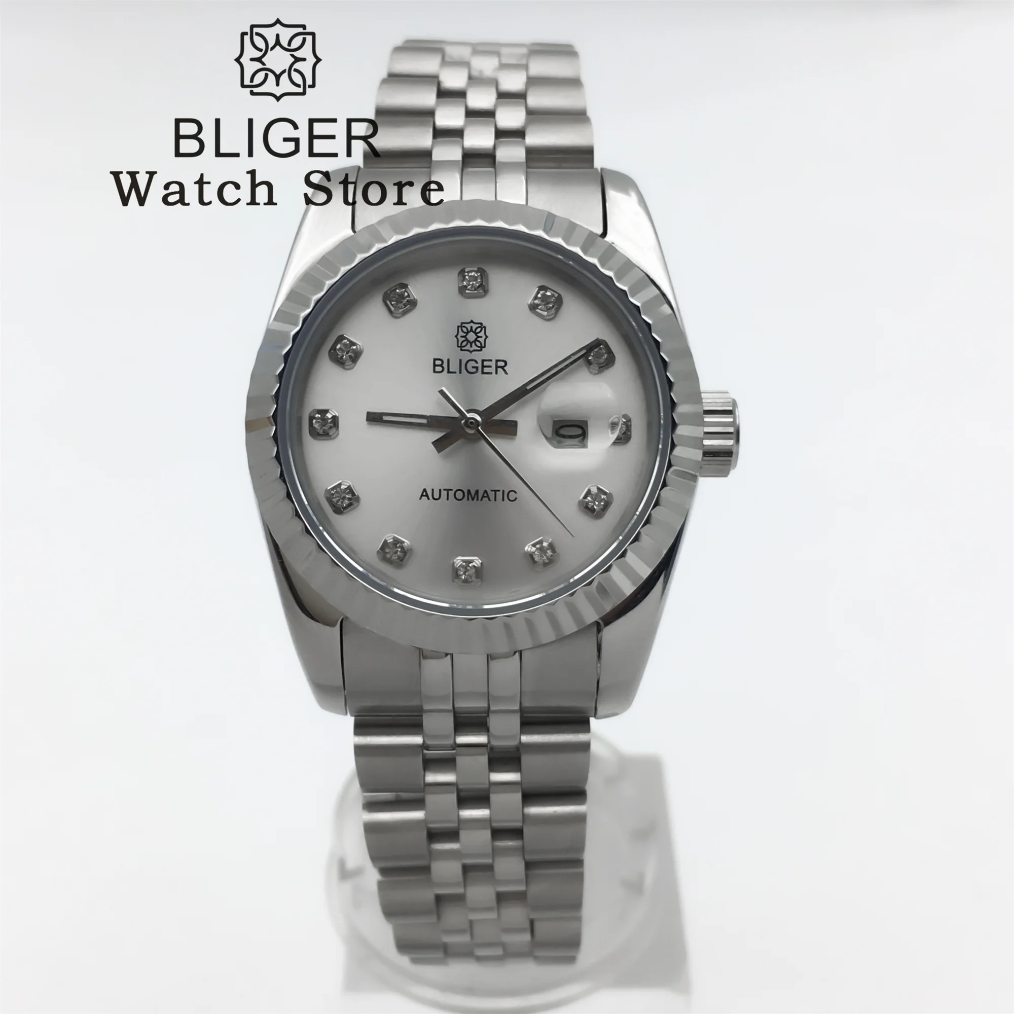 BLIGER 31mm Women Automatic Watch Stainless steel Bracelet Sapphire Glass White Mother Pearl Dial Diamond index Waterproof Watch
