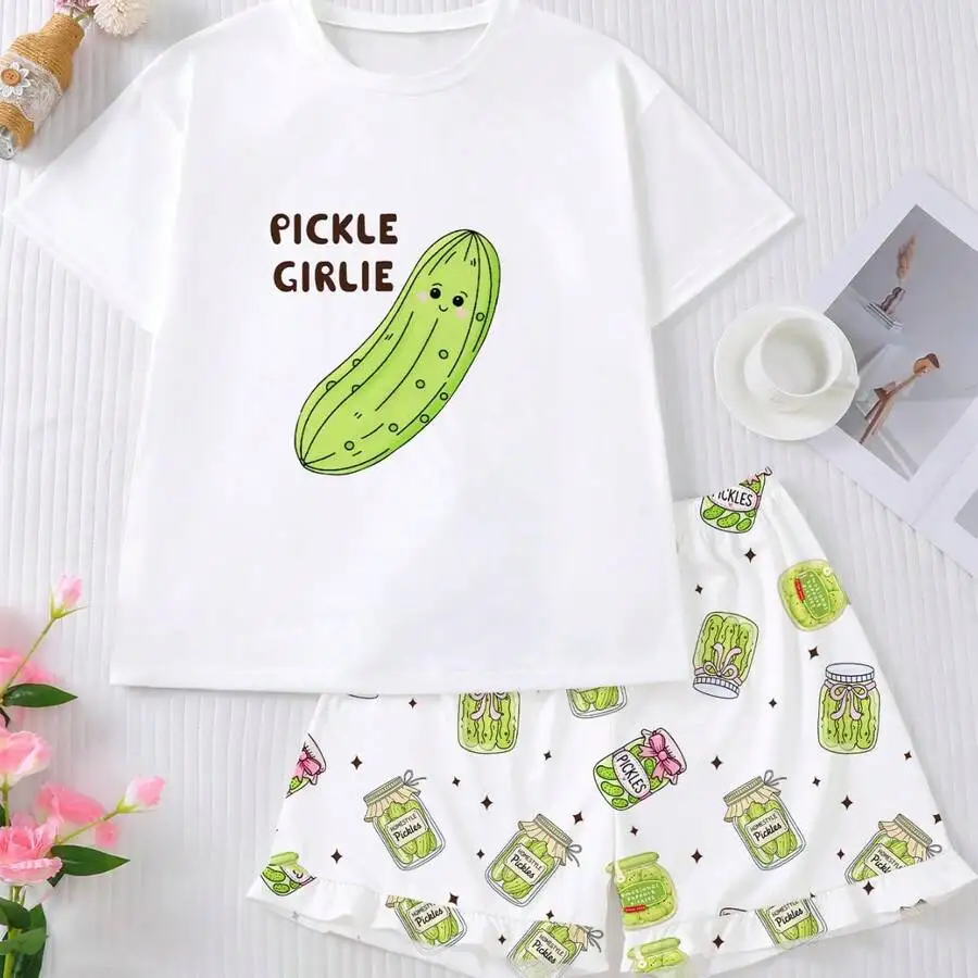 

Summer Casual Two-Piece Sleepwear Set Soft Breathable Loose Fit With Pickle Print