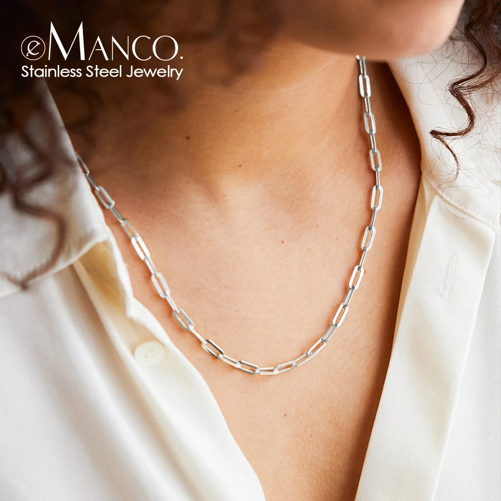 EManco Hot Fashion Paperclip Link Chain Women Necklace Stainless Steel Silver Color Chain Necklace for Link Chain Jewelry Gift
