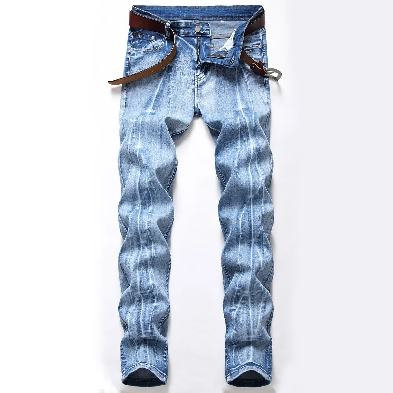 

Men's Slim Fit Denim Pants With American High Street Lightning Pattern Distressed Washed Nostalgia