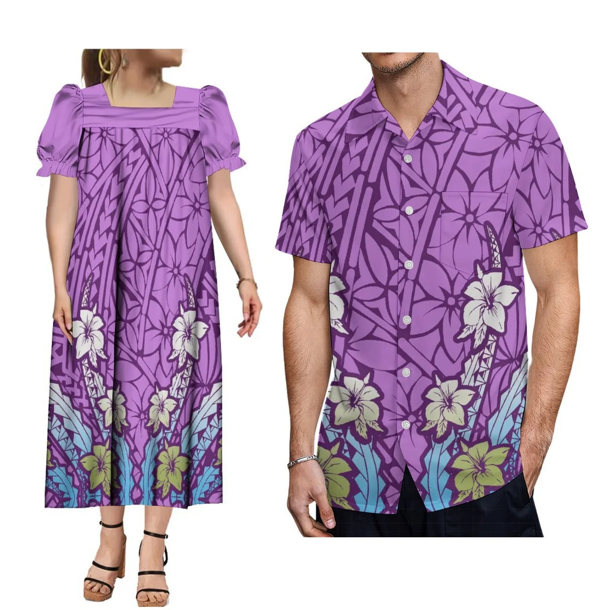 

Summer Micronesian Couple Set Women Mumu Loose Dress Casual Long Dress And Men'S Shirt Polynesian Dress Club Floral Print Dress