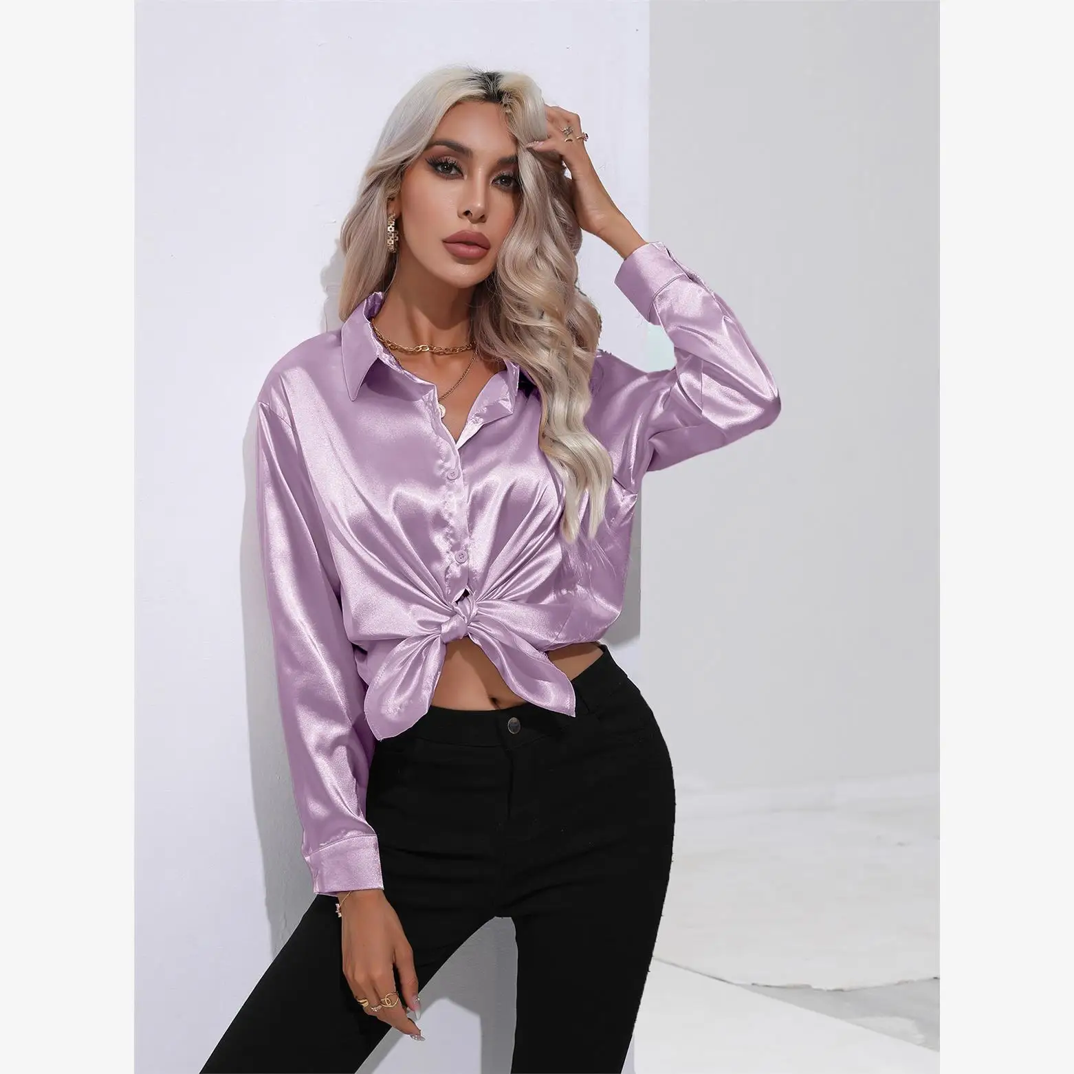 

Women's Satin Imitation Silk Long irt Straight Cut Button Detail Polyester Fiber Long Sve Flip Collar Color Open C...
