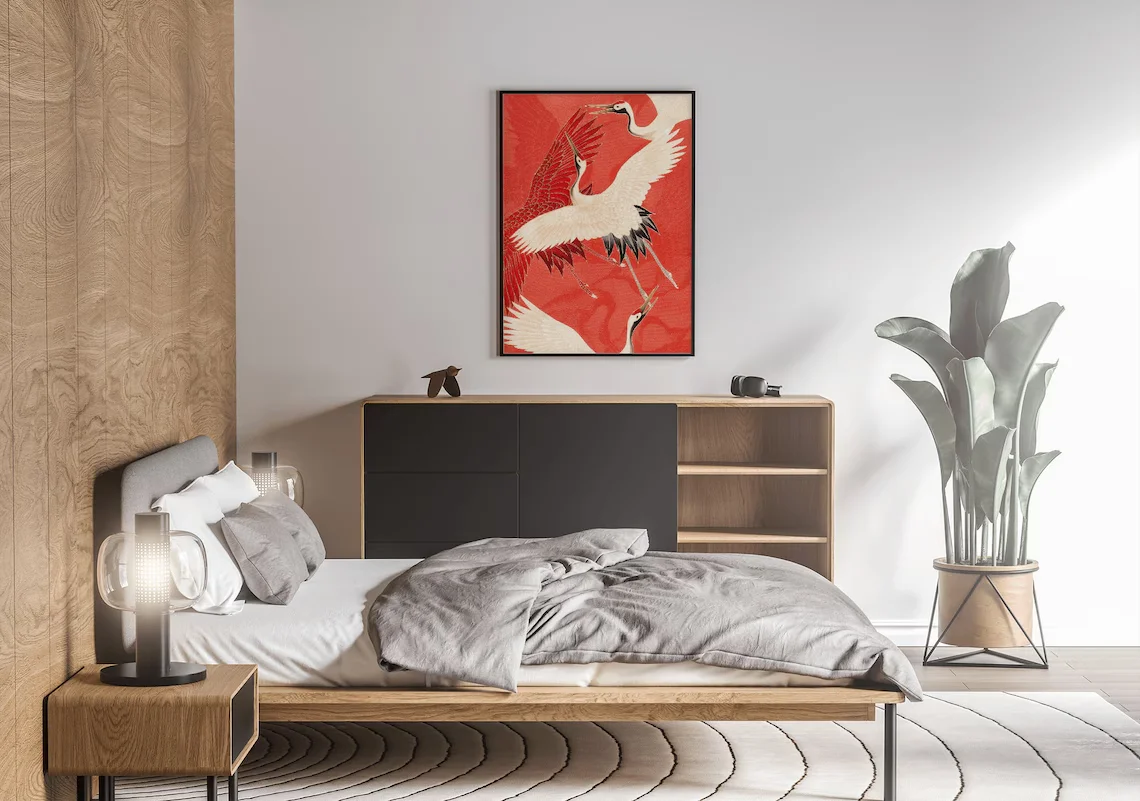 鶴のイラストが描かれたヴィンテージの日本のポスター、アートプ - Home Decor Japanese のレビューと価格