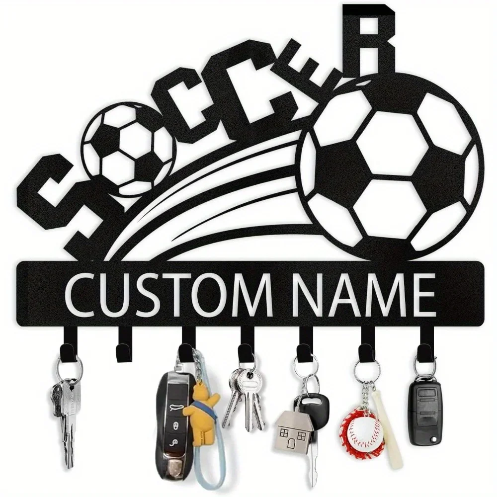 Personalized Soccer Theme Key Holder with Custom Name Wall Mount Key Hooks Organizer Rack Metal Storage for Doorway Decor