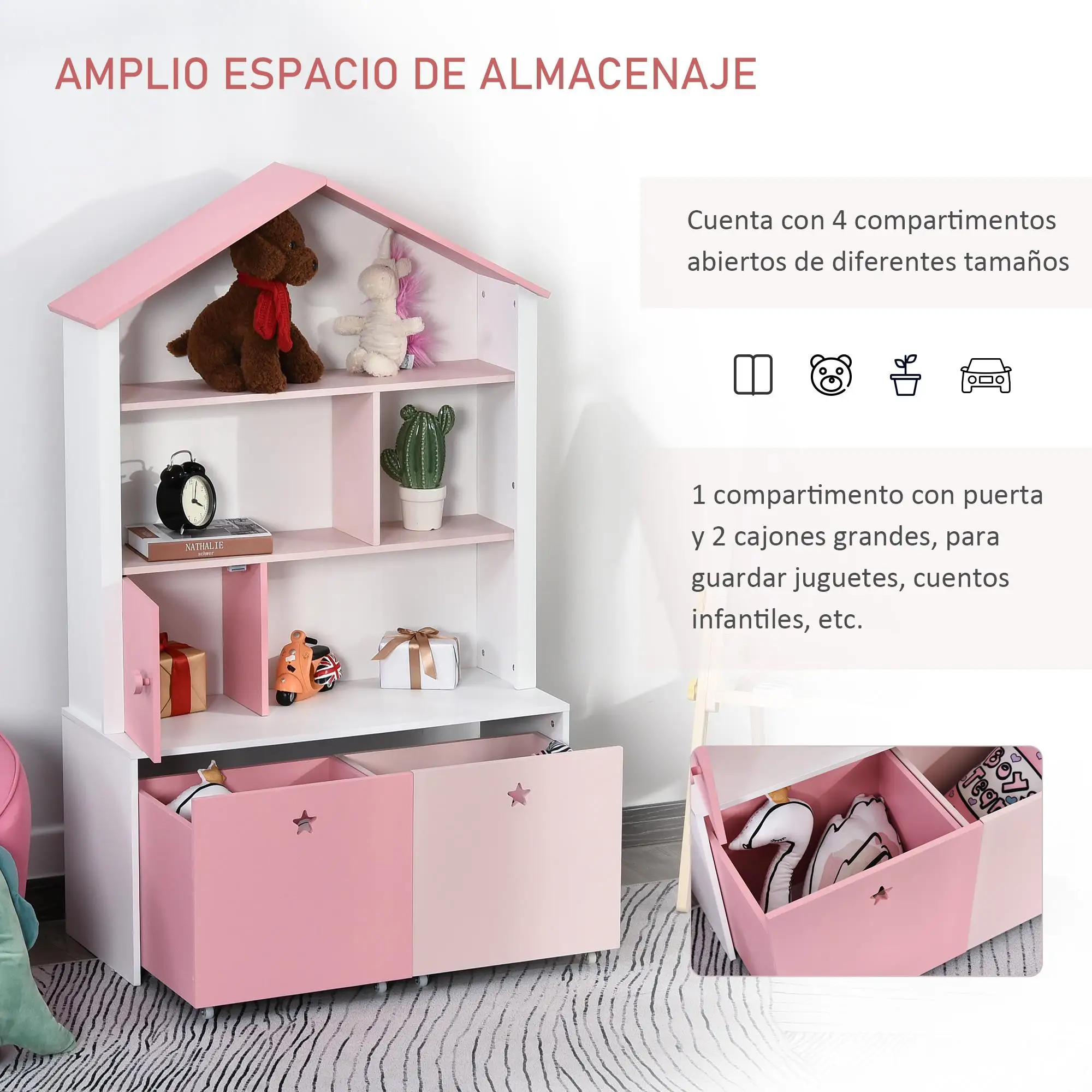 Armoire à jouets en bois rose 80x130cm, 6-9 ventilateurs à main avec construction à étagères pour jouets de chambre d'enfants