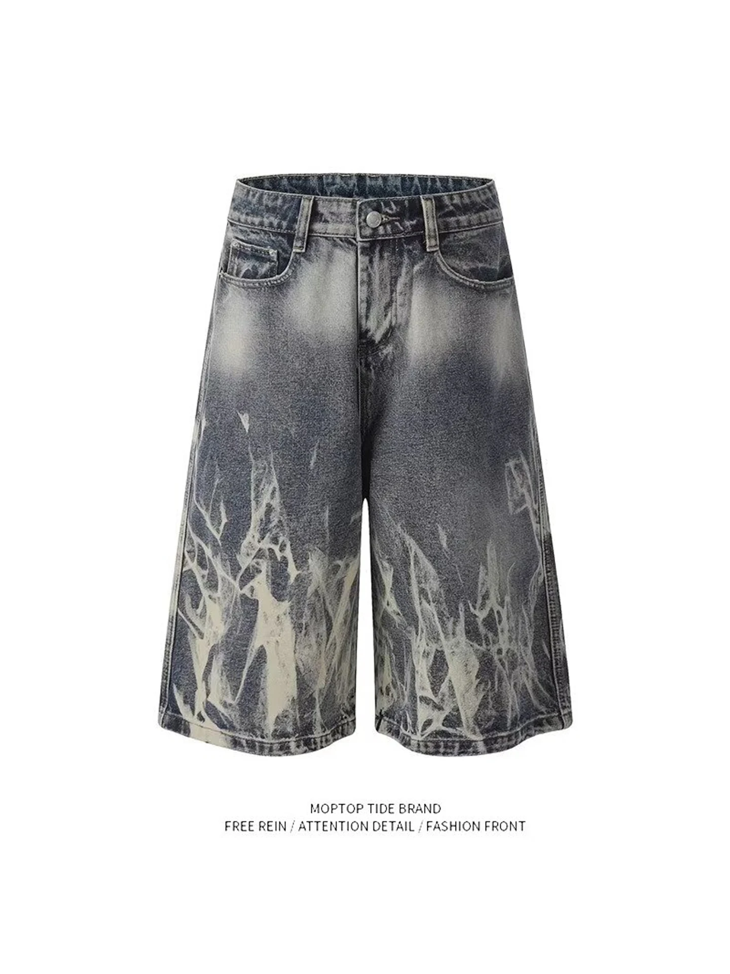 

Retro Washed Street Lightning Pattern Denim Shorts Men Women Summer American High Street Loose Straight Leg Wide Leg Seven ...