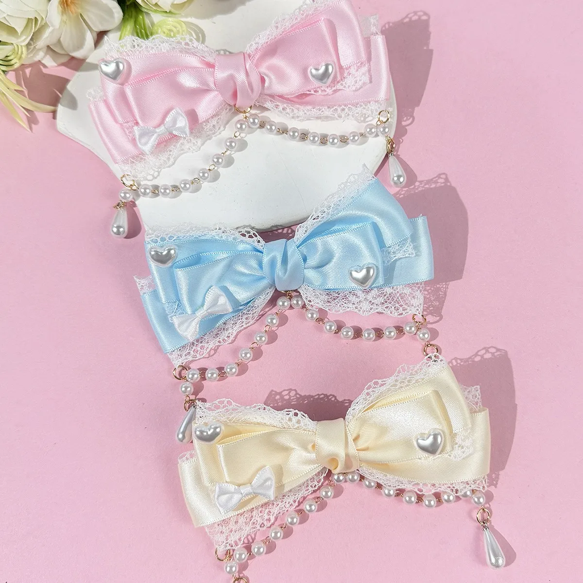 

Cute Solid Bow Lace Pearls Chain Hair Clip for Girls Sweet Hair Ornament Princess Headband Hairpin Fashion Hair Accessories