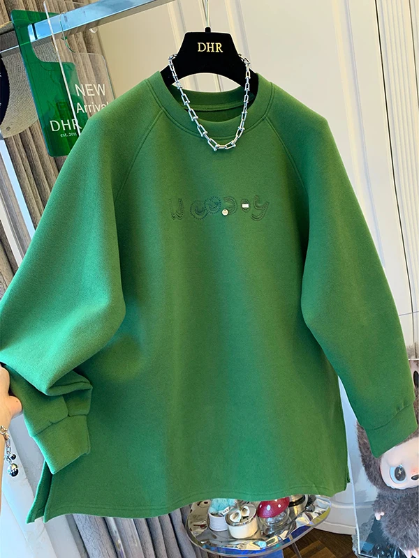 

plus Size 300 Pou Korean Version Embroidered Letter Thiened Sweatirt Women Loose round Ne Long Sve Warm Top
