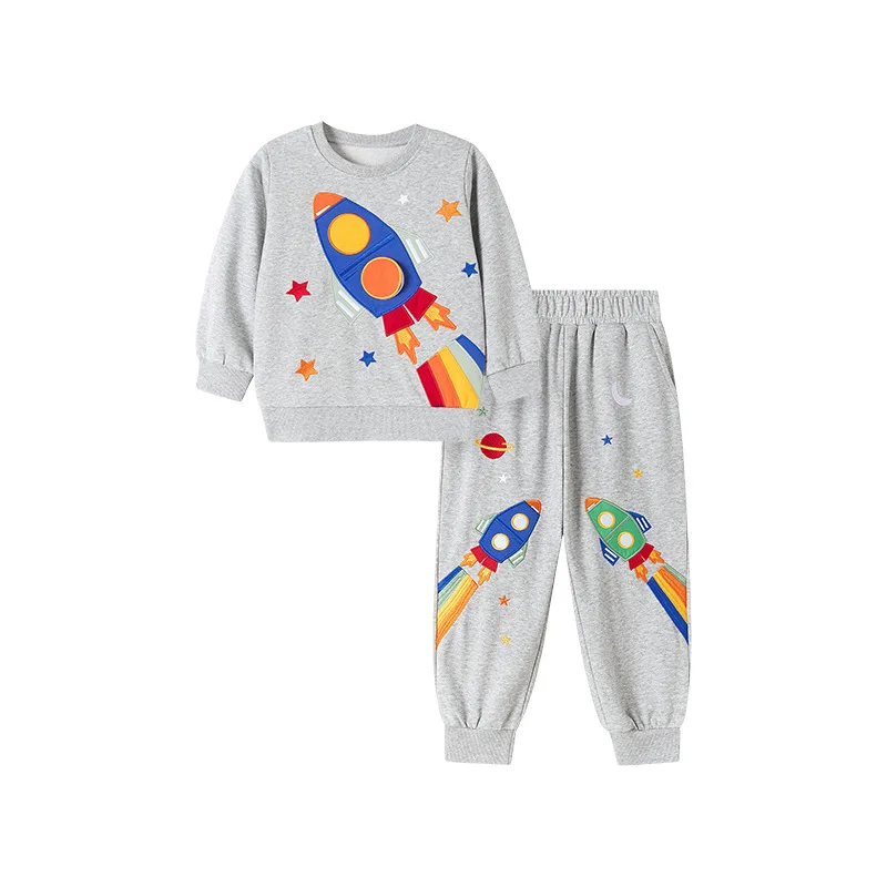 

Children's Warm Hoodie And Long Sleeve Pants Set Grey Cute European And American Rocket Design Autumn Comfortable Clothing