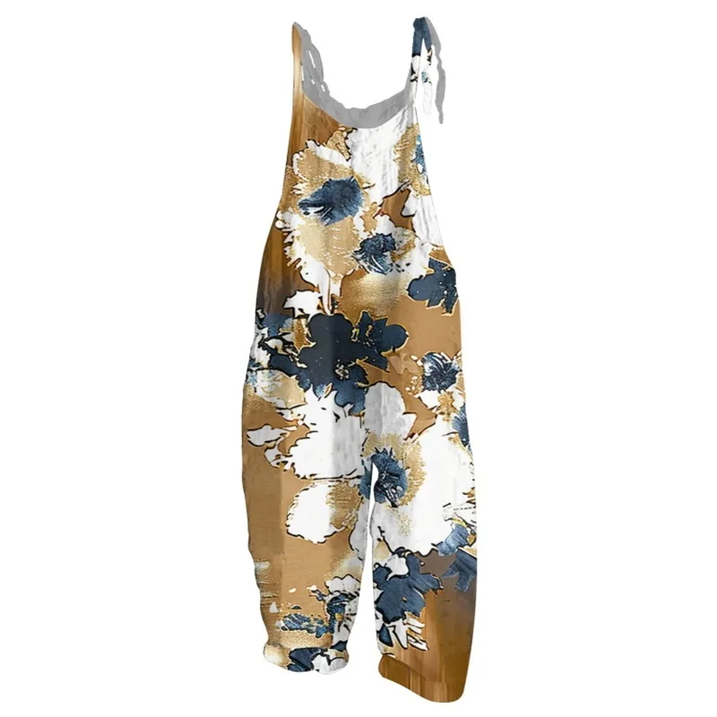 Women's spring hot fashion cute jumpsuit, retro oil painting style 3D print halter jumpsuit, comfortable sexy adjustable halter