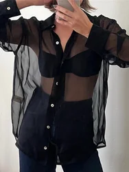 Vrouwen Sheer Button Up Shirt Y2k Lange Mouwen Revers V-hals Mesh Top Vintage See Through Basic Blouse Streetwear