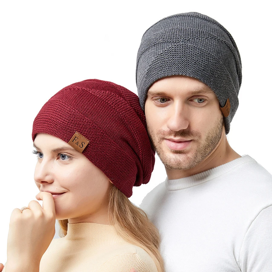 

New Unisex Slouchy Winter Hats Add Fur Lined Men And Women Warm Beanie Cap Casual Label Decor Winter Knitted Hats