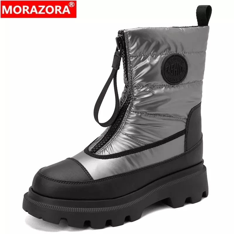 MORAZORA Size 35-41 Warm Snow Boots Women Mix Color Down Cow Leather Winter Boots Zip Fashion Ladies Ankle Boots Size 35-41