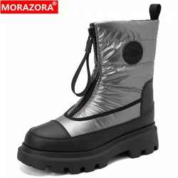 MORAZORA Size 35-41 Warm Snow Boots Women Mix Color Down Cow Leather Winter Boots Zip Fashion Ladies Ankle Boots Size 35-41