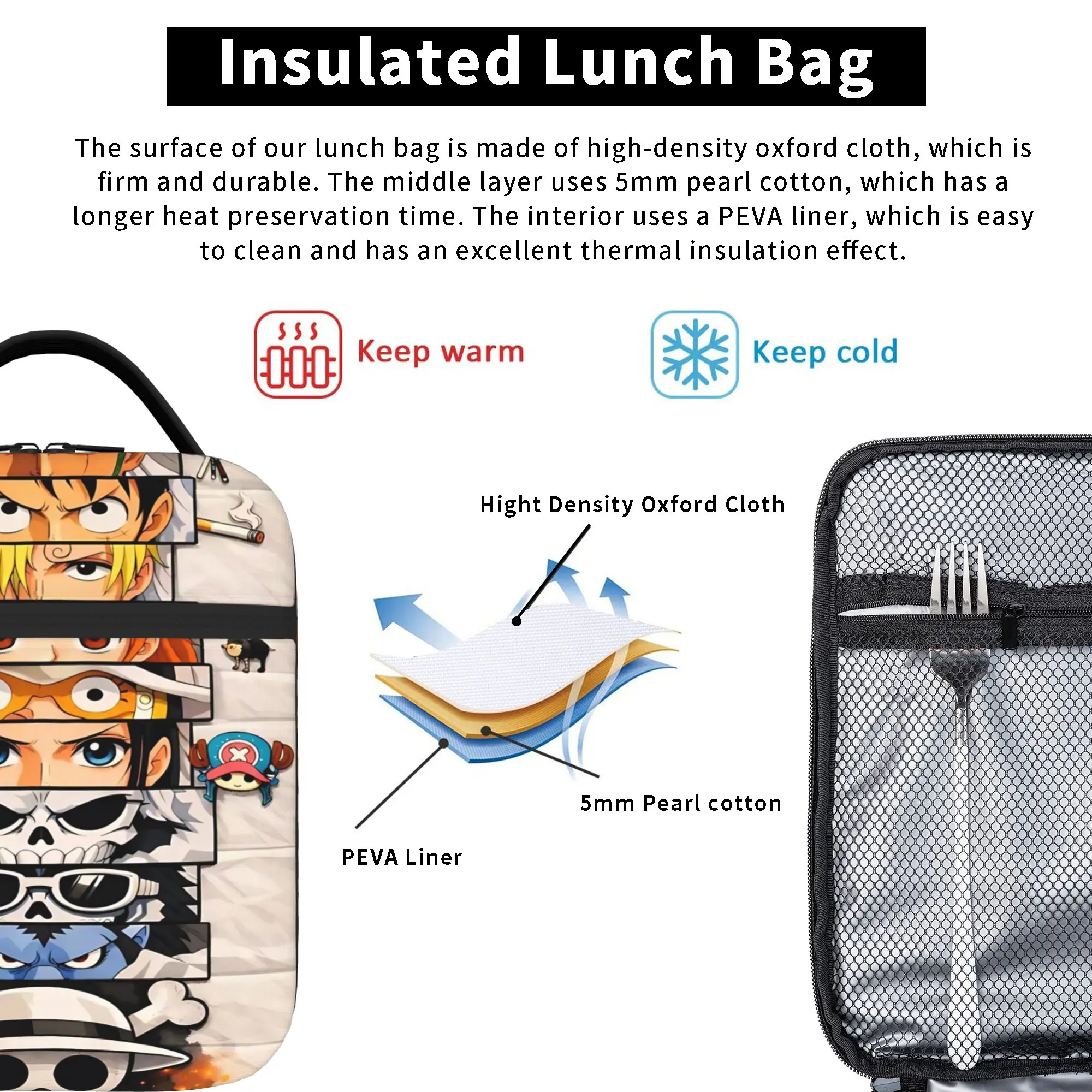 1 Piece Portable Lunch Container Straw Hat Crew Eyes  Zipper Closure Durable Pocket O-One Piece  For Lunch Lunch Box Bag view 4