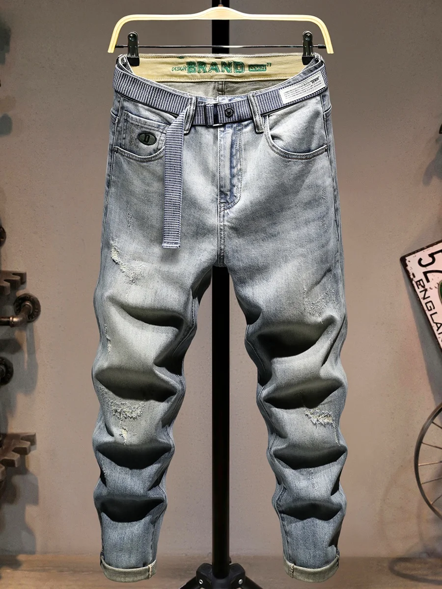 

Мужские модные рваные джинсы из денима, весна-лето, новинка, высококачественные повседневные свободные брюки прямого кроя, молодежные эластичные штаны