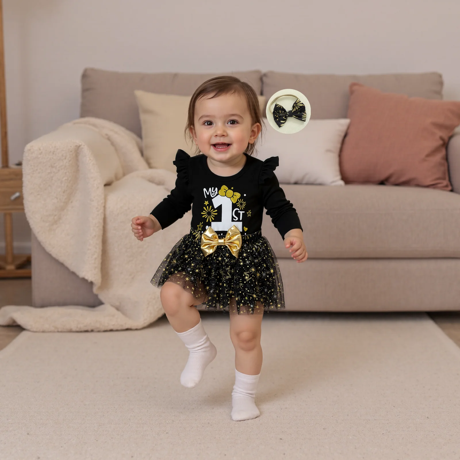 طفلة السنة الجديدة الزي طويلة الأكمام رومبير الألعاب النارية طباعة تول تنورة عقال مجموعة ملابس الوليد