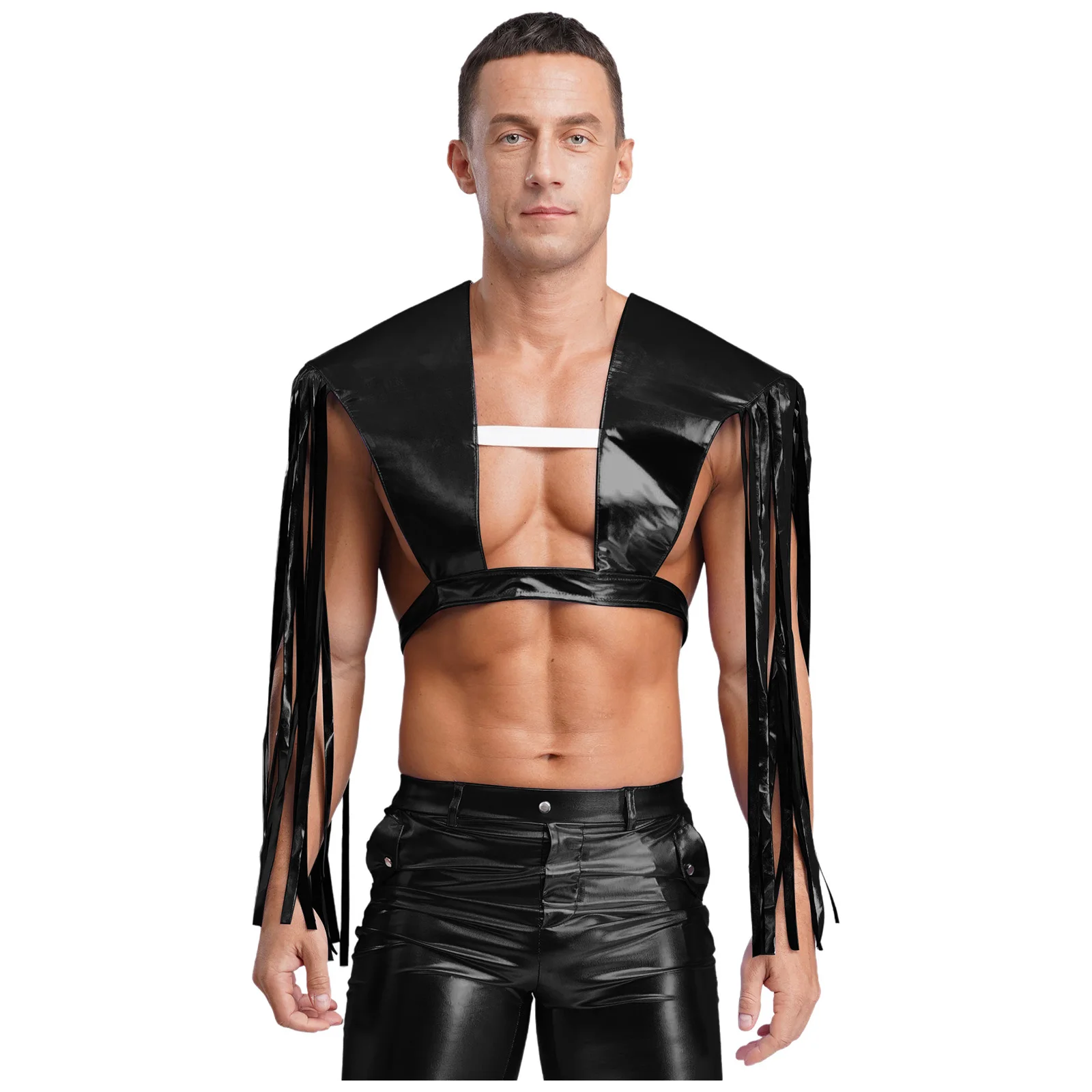 

Mens Womens Unisex Metallic Shiny Disco Jazz Dance Shoulder Shrugs Tassel Fringe Adjustable Armor Shawls for Masquerade Parties