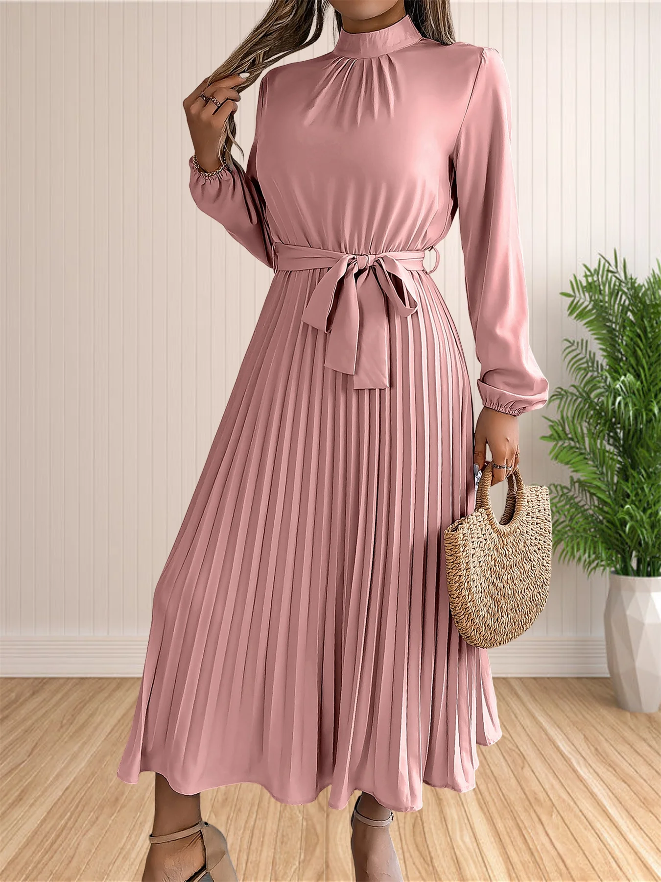 Women's Long Dresses Summer Elegant Pleated Long Sleeveed Lace Up Dresses Beach Boho Wrap Ruffle Hem Swing Sundress