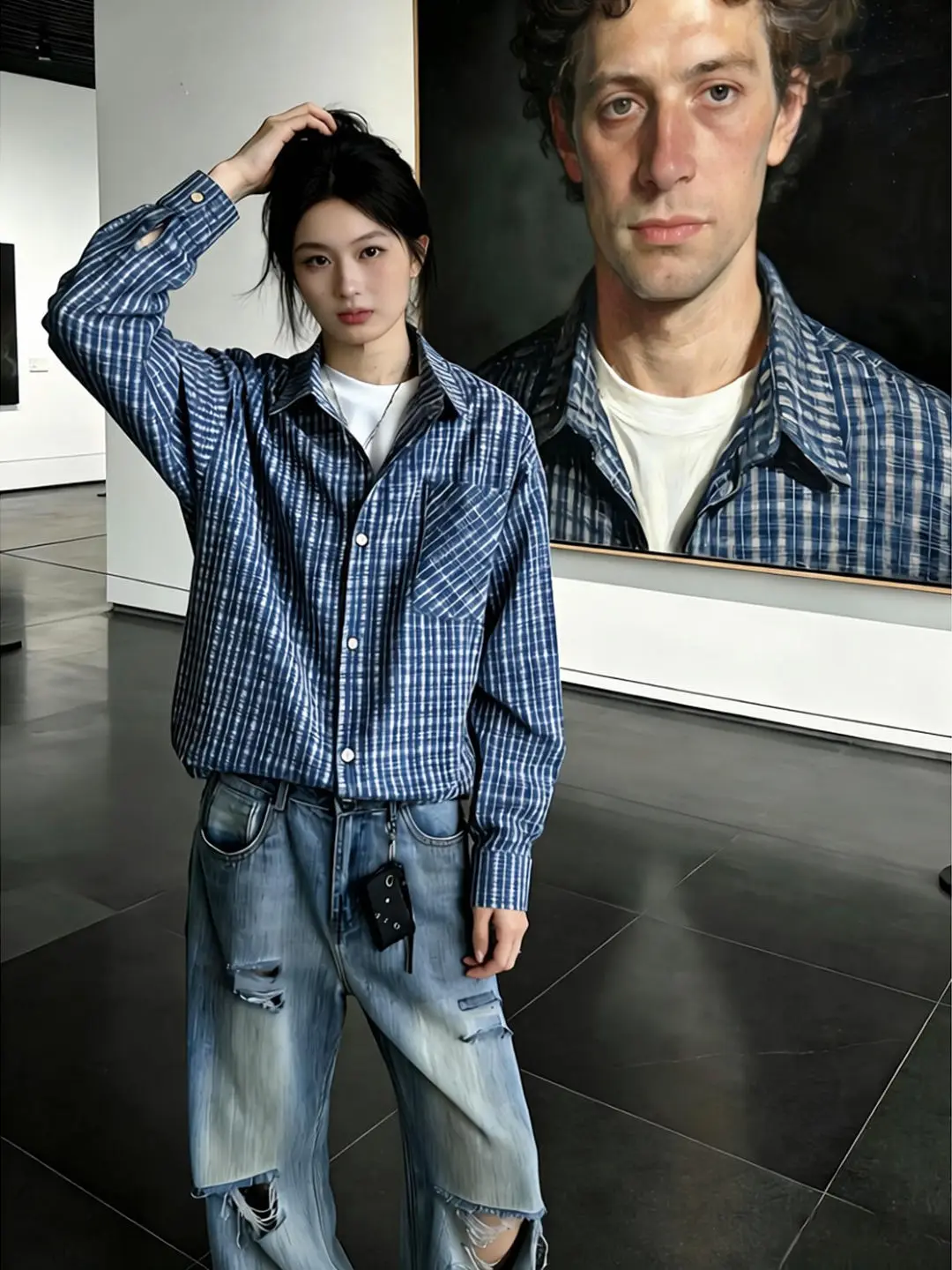Deep Blue Plaid Long Sleeve Shirt Unisex American Style Inner Wear Cleanfit High End Feeling Handsome Outerwear Casual Fashion
