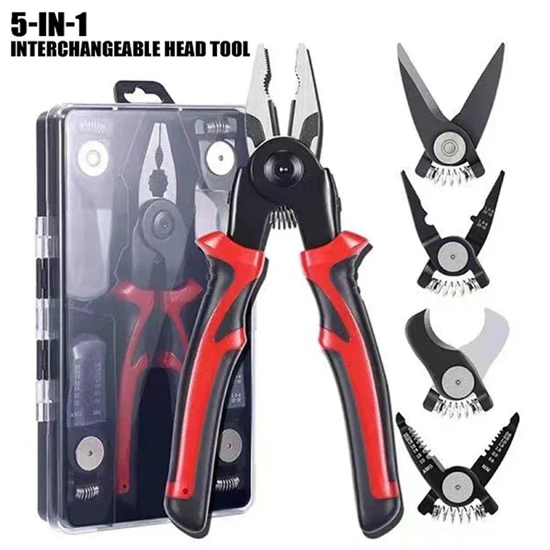 5 in 1 Multifunctional Pliers Replaceable Head Steel Wire Pliers Wire Stripping Crimping Tool Special for Electrician Multitool