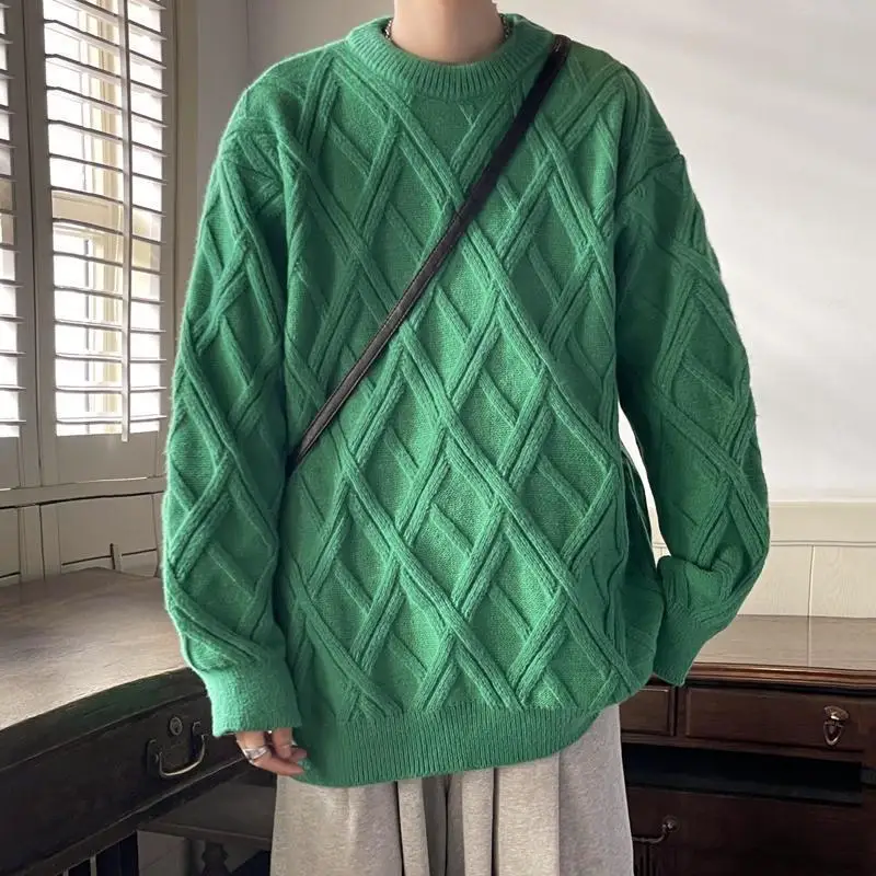 Retro Diamant Plaid Pullover Herren Winter Japanischen Lose Faul Stil Pullover Rundhals Innen Basis Shirt