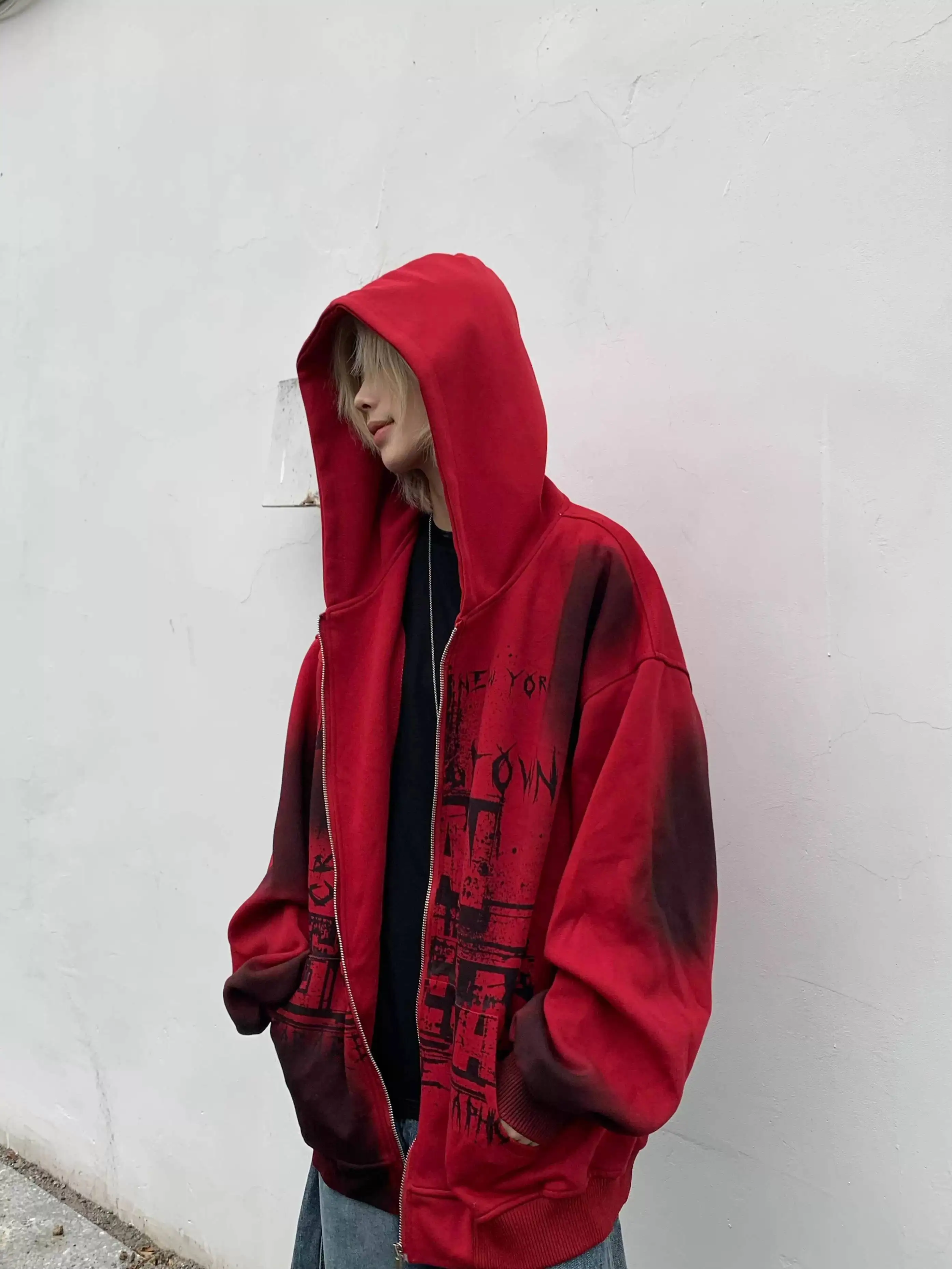 

Women's Men's American Graffiti High Street Distressed Hoodie Retro Loose Subculture Jacket Never Stay Up Late