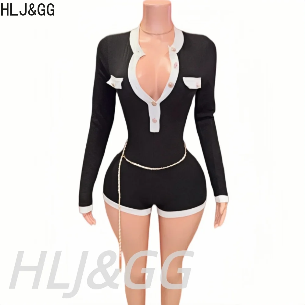 HLJ&GG Elegant Patchwork Knit One Piece Rompers Women V Neck Button Long Sleeve Bodysuits Jumpsuits Streetwear With Waist Chain