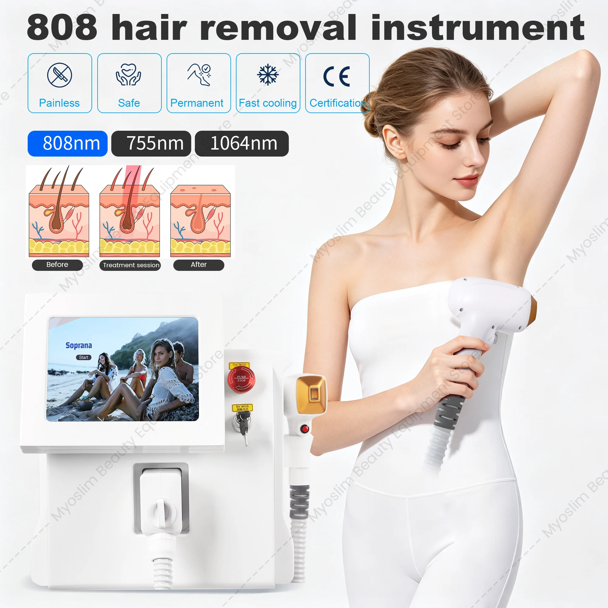 NEW 808nm Diode Hair Removal Equipment Permanent Painless Non-invasive Permanent Cooling Head